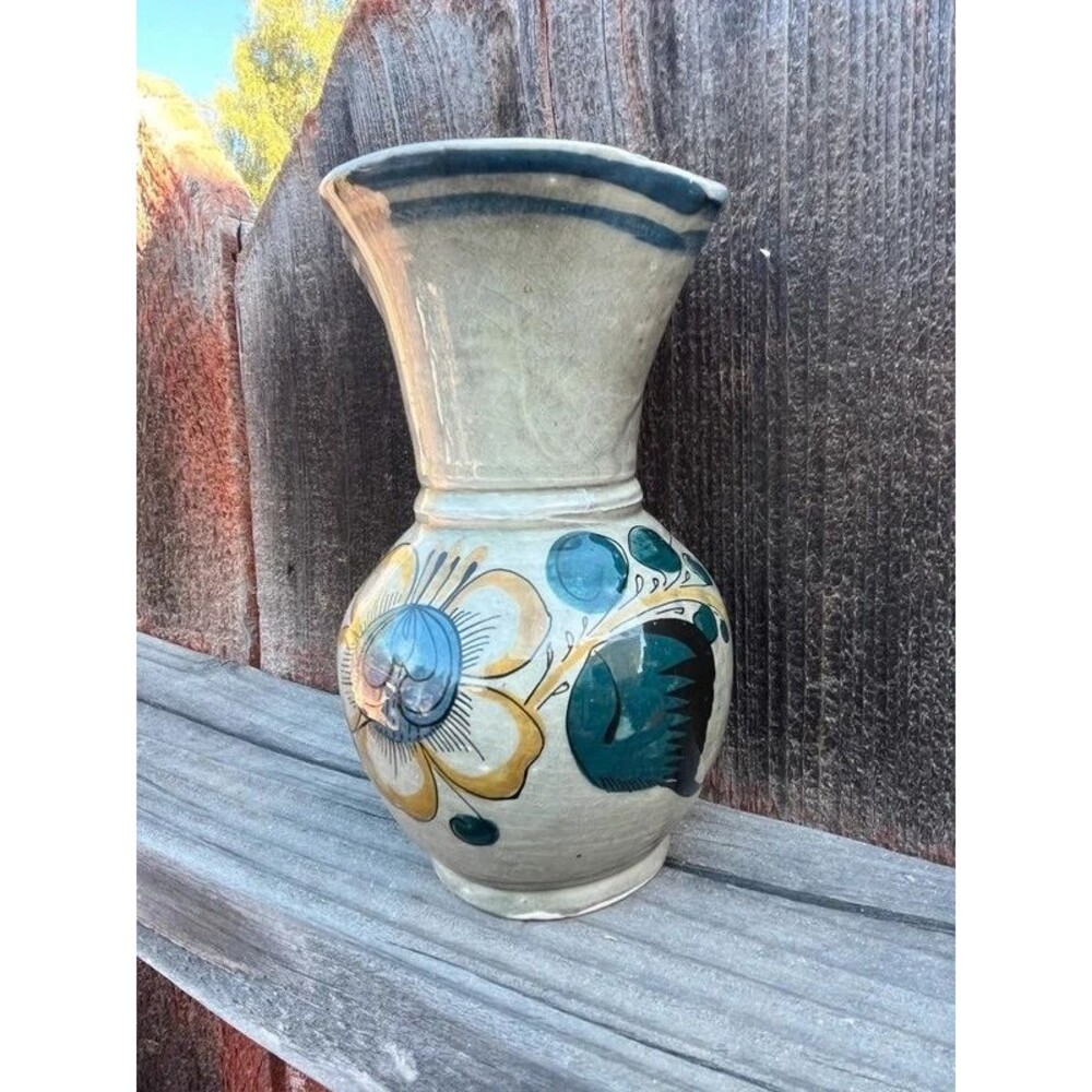 Vintage Tonala Mexican Art Pottery Vase – Hand-Painted Floral Folk Art